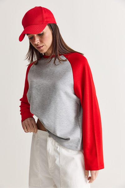 Bianco Lucci Kadın Gri-Kırmızı Regular Reglan Kol Renk Bloklu Uzun Kollu Sweatshirt 928 60286777
