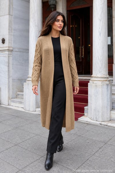 1434 Polo State Women's Off-Shoulder Textured Knit Long Sweater Cardigan - Brown
