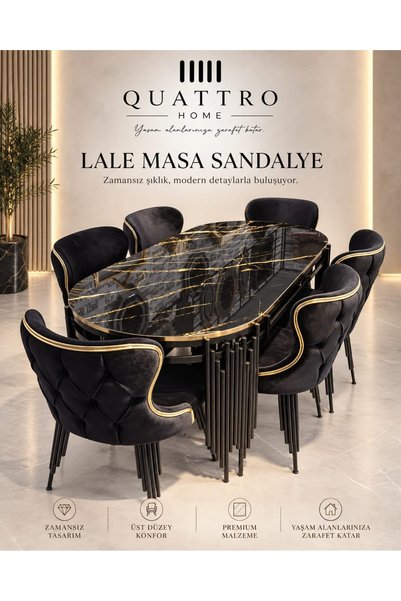 QUATTRO HOME Lale Masa Sandalye Takımı – Siyah Mermer Desenli Gold Detaylı Mo...