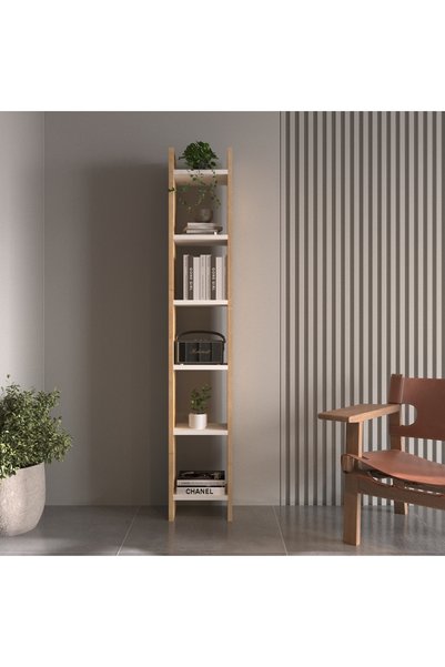 LEGNORA 5 GÖZLÜ DEKORATİF MODERN DOLAP KİTAPLIK SAFİR MEŞE - BEYAZ
