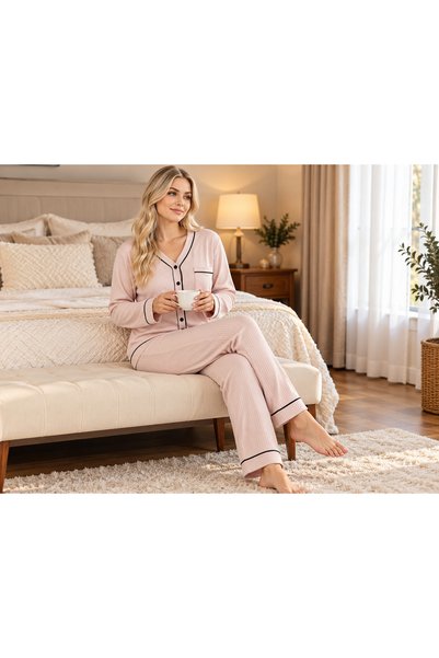 PİJAMOOD Pudra Pembe İnce Çizgili Siyah Biyeli Düğmeli Uzun Kollu Pijama Takımı