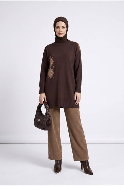 Armine Plus Size Crew Neck Shoulder Detailed Patterned Cold Yarn Knitwear Tunic