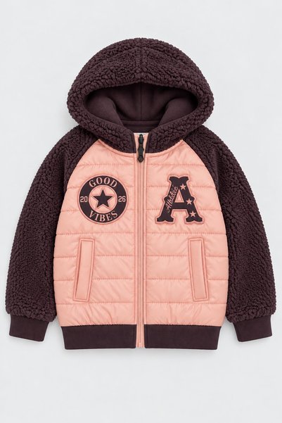 Perendi Girl's Quilted Plush Sleeve Hooded College Jacket