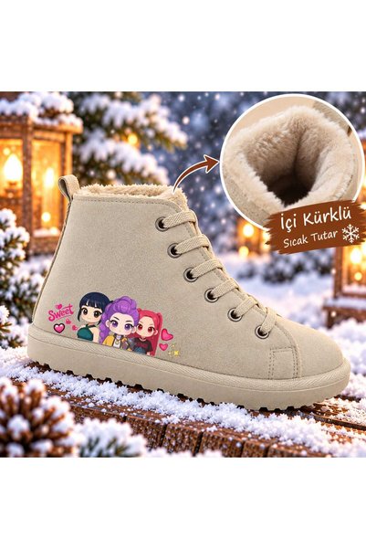 alcdesing Children's and Kids' Beige Fur-Lined Winter Boots with Patterned Wo...