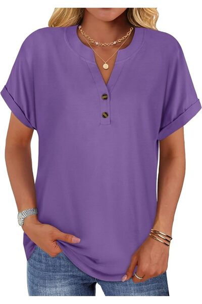 OtherMax Tricou femei din bumbac violet cu decolteu în V și mânecă scurtă S