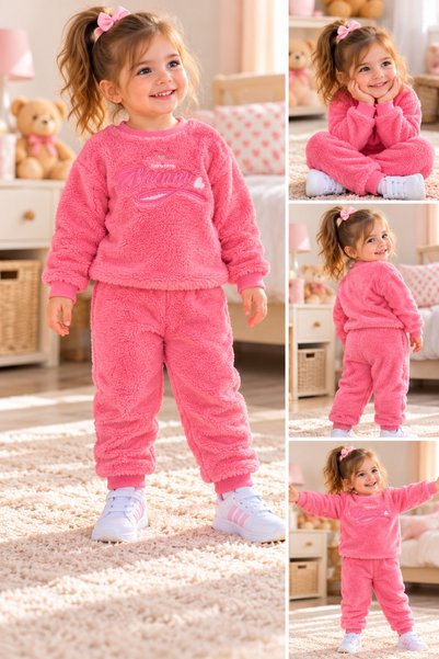 SERPİL Kız Çocuk Peluş 2'li Takım Bunny Nakışlı Sweatshirt ve Eşofman Alt Üst Takım