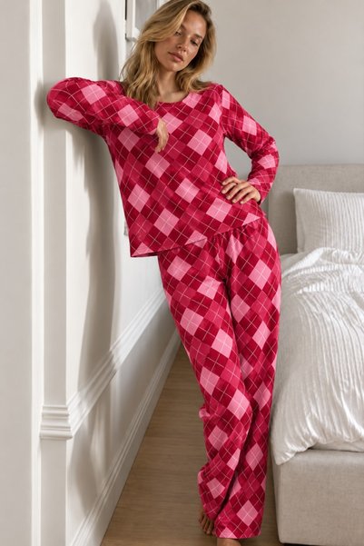 FİT WOMEN Women's Striped Comfort Fit Red Pajama Set