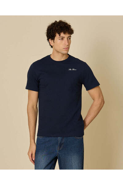 REDTAG Men Navy Embroidered T-Shirt