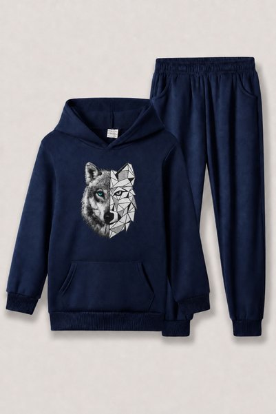 han elegant Σετ παιδικής φόρμας Unisex με στάμπα λύκου, τσέπες καγκουρό και κ...