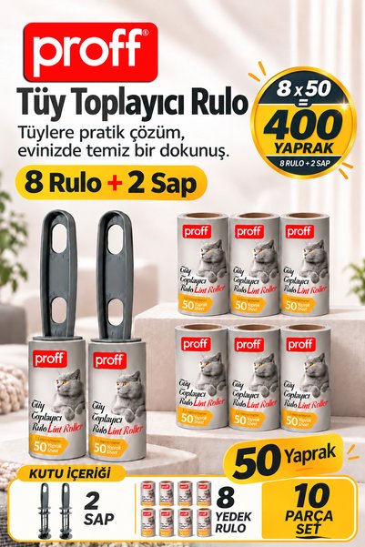 Proff Tüy Toplayıcı 10 Parça Set - 2 Sap ve 8 Yedek Rulo (400 Yaprak) Kıyafet...