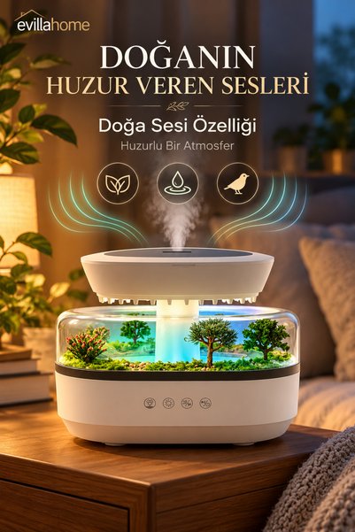 evillahome Minyatür Bahçe Tasarımlı Ultrasonik Hava Nemlendirici Aroma Difüzörü RGB Işıklı Doğa Sesli