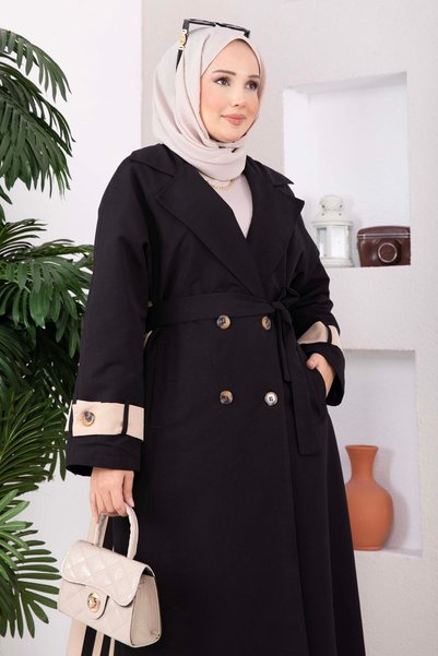 EBRUTESETTÜR Premium Kruvaze Yaka Uzun Trençkot Siyah