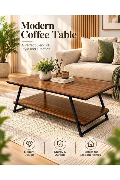 TrentonGCC Modern Coffee Table with Lower Shelf, 2-Tier Living Room Center Ta...