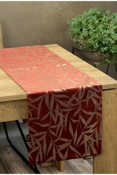 Eurofirany Fata de masa 35x180 cm, catifea cu frunze aurii rosu caramiziu, 15”