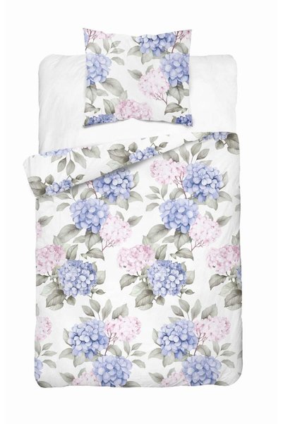 Detexpol Lenjerie de pat satinata 140x200 alba cu hortensii albastre si roz –...