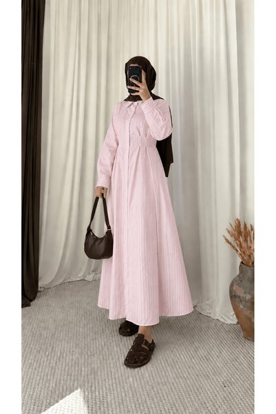 Hepsi Moda Striped Dress with Front Pleated Detail - Pink