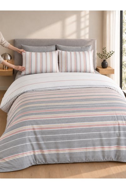 Rasel Tekstil Modern Lines Cotton Gray Striped Elastic Sheet Duvet Cover Set ...