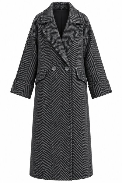 Laluvia Gray - Black Paris Buttoned Herringbone Long Coat - 2Y54442