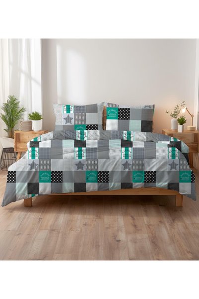 Karo Lenjerie de pat Karo, 160x200cm, patchwork vintage, negru-alb-turcoaz, 3...