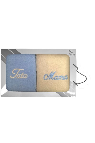 Karo Set de prosoape intr-o cutie, 2 buc., 70x140, Mama, Dada, crem, albastru...