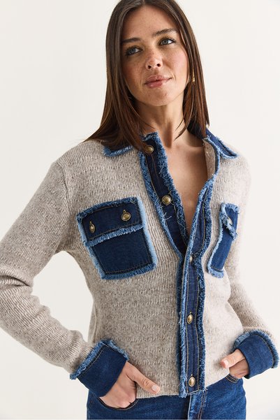 Bianco Lucci Women's Denim Detailed Pocketed Buttoned Polo Collar Knitwear Ca...