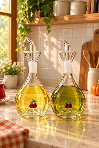 Molino Ev 2'li Kiraz Figürlü Cam Yağlık 1000 ml – Cam Dökme Ağızlı Zeytinyağı...