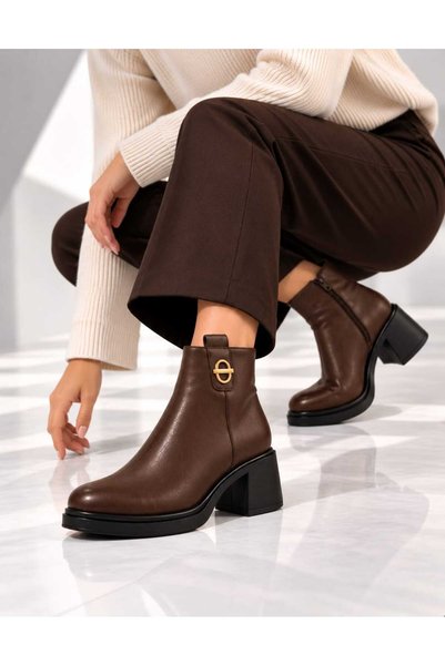Mammamia 3098 Genuine Leather Thick Heeled Daily Comfortable Women's Boots wi...