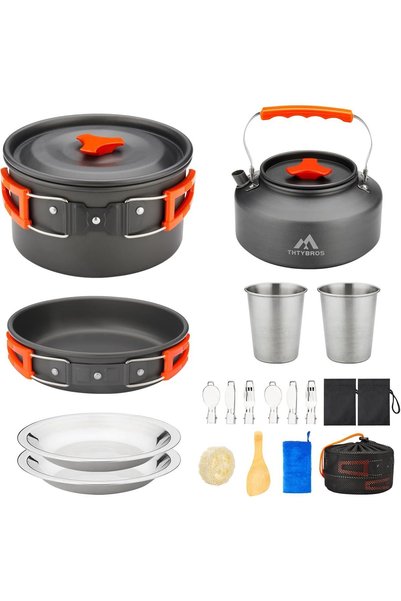 THTYBROS Set de vase de gătit pentru camping, 17 piese, oală de 1.7 L, ibric ...