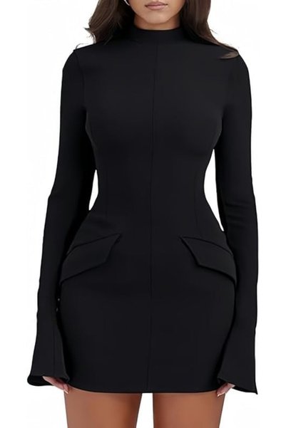 OtherMax Rochie mini bodycon cu guler, buzunare și elastică, elegantă neagră L