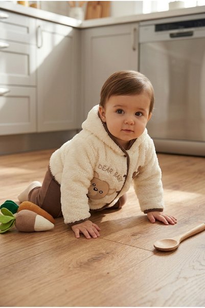 AHENGİM Teddy Bear Detailed Hooded Plush Cardigan Baby Top and Bottom Set 2 P...