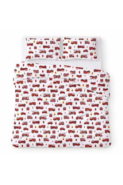 Karo Set lenjerie de pat 3 piese, Cotton Home Kids, camioane de pompieri, alb...
