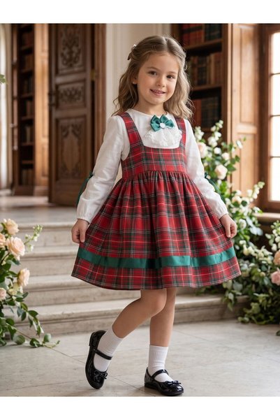 Cherrys Bebek New Year's Spirit: 2-Piece Plaid Gilet Set with Graceful Lace C...