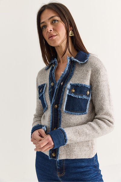 Bianco Lucci Kadın Bej Denim Detaylı Cepli Düğmeli Polo Yaka Triko Hırka TH261095 60286724