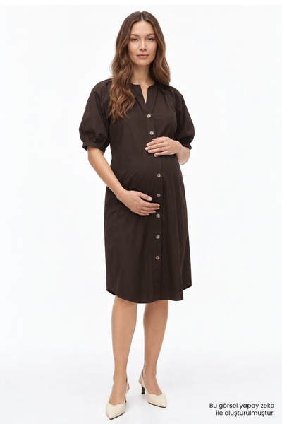 Allyco Hakim Collar Balloon Sleeves Front Button Regular Maternity Dress