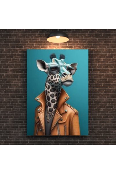 Deri Ceketli Ve Gözlüklü Zürafa Tasarımlı Kanvas Tablo - Modern Pop Art Duvar Dekoru