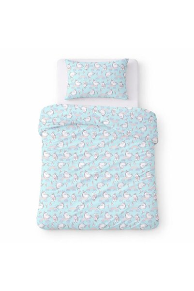 Karo Set lenjerie de pat copii, Cotton Home Kids, Unicorni si curcubee, menta...