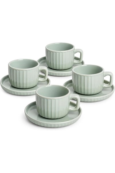 SHALLOW HARPER 8-Piece Stoneware Tea Cup and Saucer Set, Green (4N 250ml Cup ...