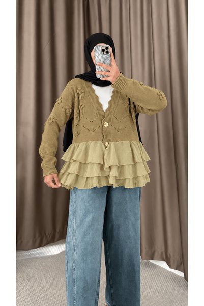 Hepsi Moda V-Neck Ruffled Knitwear Cardigan - 1107 - Olive Green (Os)