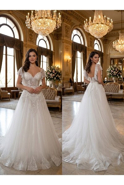 JABO WEDDİNG HOUSE GELİNLİK 38 BEDEN DANTEL TAŞ İŞLEME TÜL ETEK UCU GREN DETA...