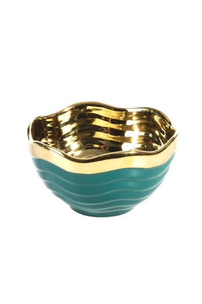 Eurofirany Bol decorativ 14x14x8cm, turcoaz/auriu, ceramica