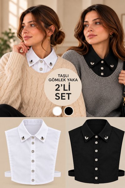 Kadın Gömlek Yaka 2'li Set – Taşlı Beyaz ve Taşlı Siyah Pamuklu Takma Yaka, Kazak İçi Seyyar Gömlek Yakası