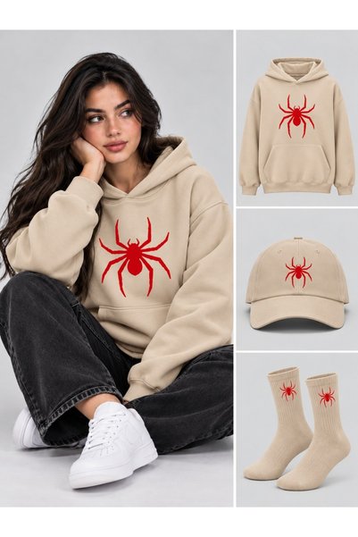 HAI COLLECTİON سويت شيرت كبير الحجم بغطاء للرأس باللون البيج للجنسين، طقم من ...
