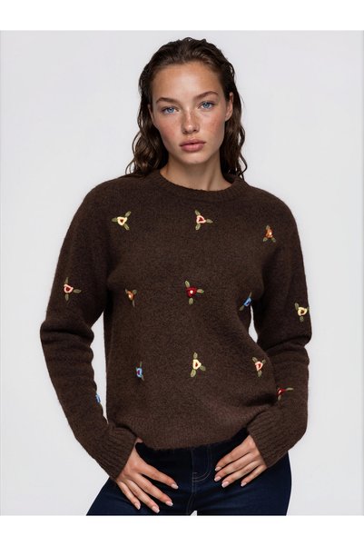 OMBRE Pulover de damă, lungime până la șold, decolteu rotund, broderie floral...