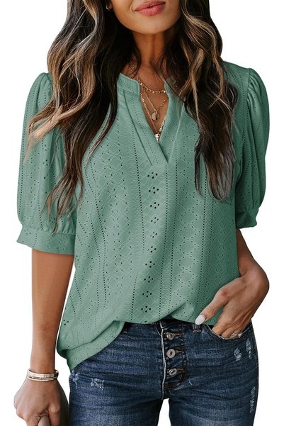 OtherMax Bluză Damă cu Mânecă Scurtă V-Neck Din Dantelă Elegantă Verde M