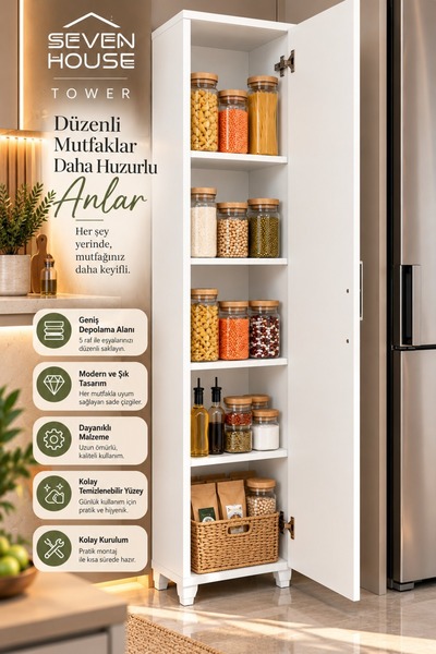 Seven House TOWER Mutfak Dolabı Kiler Dolabı Çok Amaçlı Dolap Mutfak Rafı BEYAZ