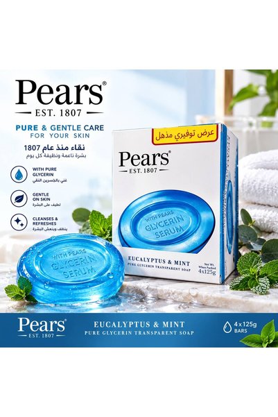 Pears صابون جلسسيرين نقي شفاف برائحة الأوكالبتوس والنعناع من بيرز - 4 قطع × 1...