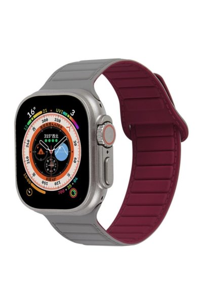 BURAQ For Apple Watch 5 44mm Loop Magnetic Silicone Watch Band(Grey Wine Red)