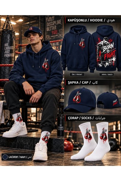 HAI COLLECTİON Hooded Oversize Sweatshirt Navy Blue Set of 3 Hat Socks Unisex