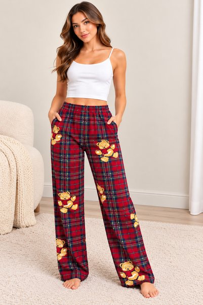 CNR TEKSTİL Women's Red Plaid Checkered Teddy Bear Patterned Elastic Waist Co...