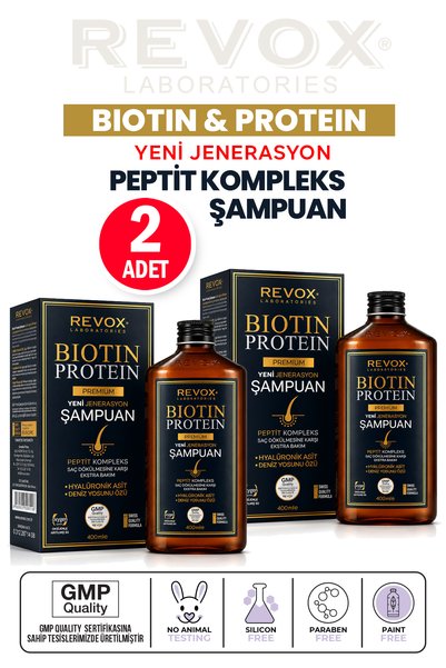 Biotin Protein Premium Şampuan 400 ml – Biotin B7, Kompleks, Hyaluronik Asit ve Deniz Yosunu Özlü 2 adet